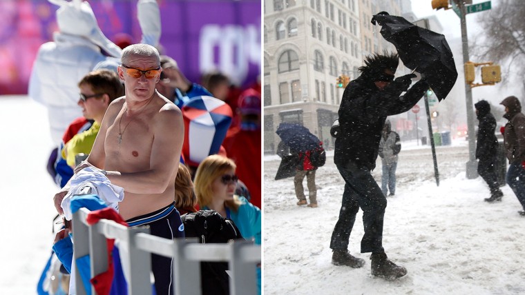 Shirtless fan in Sochi vs. freeze in the US.
