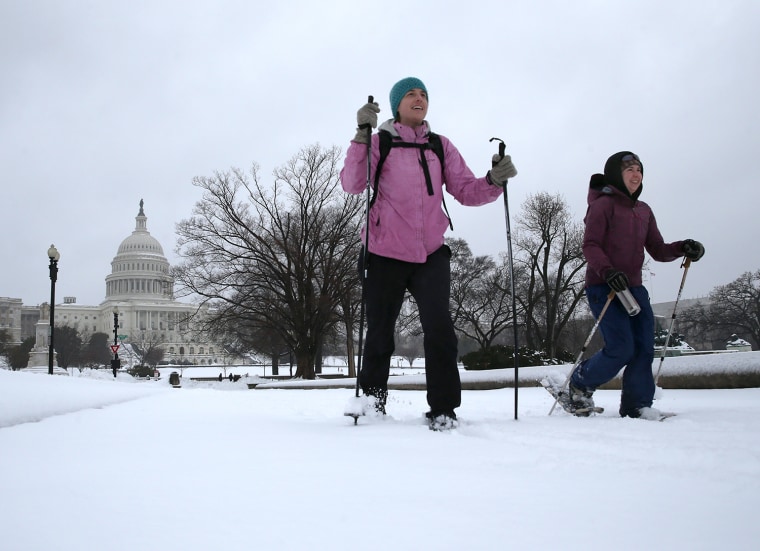 WASHINGTON, DC - FEBRUARY 13: People travel on cross country skies near the U.S. Capitol, on February 13, 2014 in Washington, DC. The east coast was h...