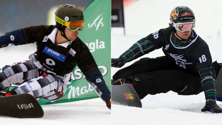 Vic Wild, left, competing for Russaia in a men's parallel slalom race in Rogla, Slovenia, on Jan. 18. 2014, and right, representing the USA in Spain.