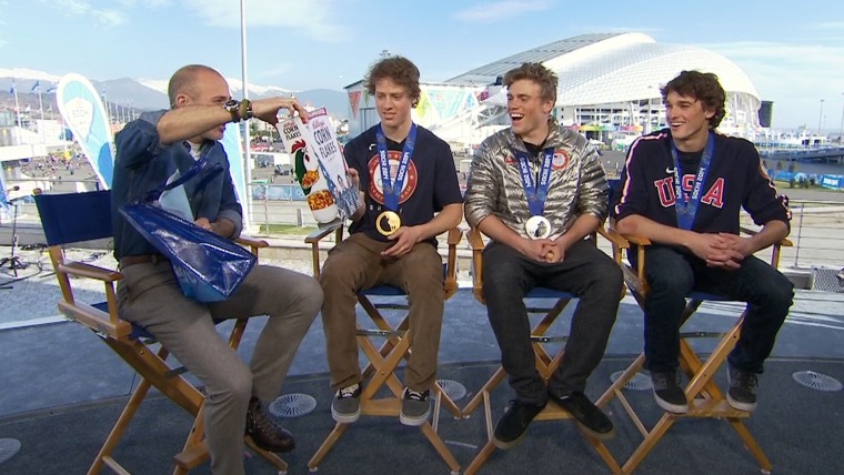 Joss Christensen, Gus Kenworthy, and Nick Goepper are honored for their gold, silver and bronze medals respectively.