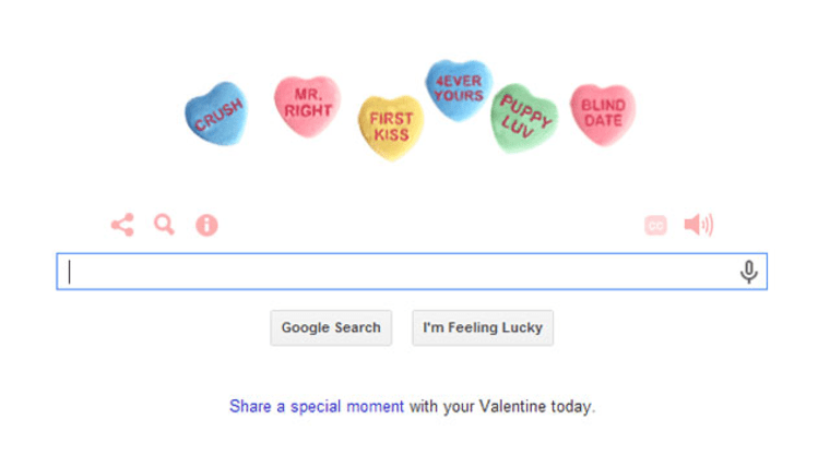 The Google Doodle homepage today features candy hearts, each with a unique audio love story users can listen to.