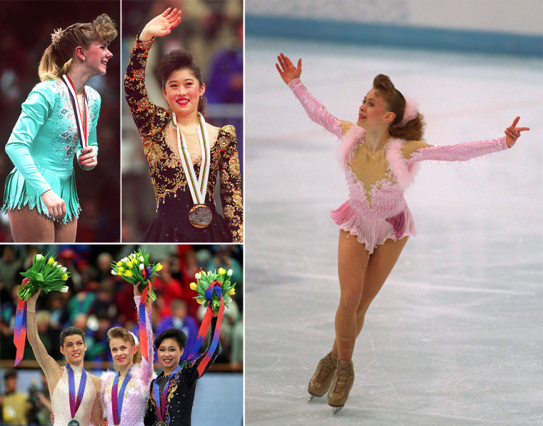 Various female figure skaters with puffy ponytails and teased bangs