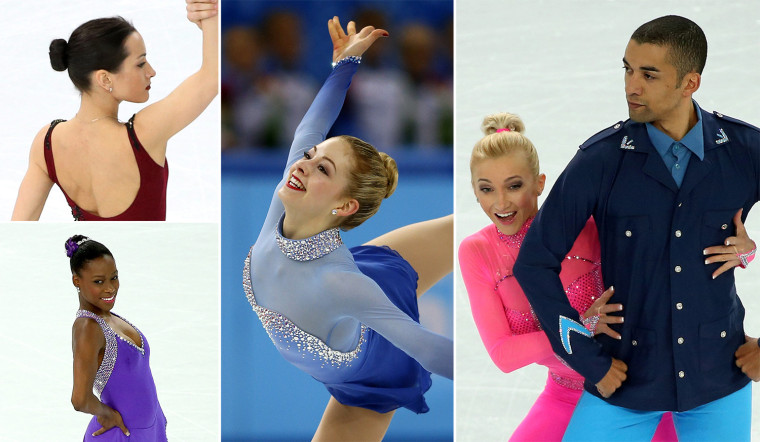Various female figure skaters with sleek bun hairstyles at the 2014 Olympics.