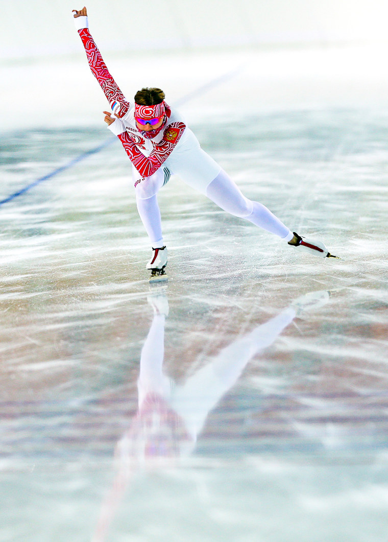 Image: A Russian speed skater skates head on to the camera