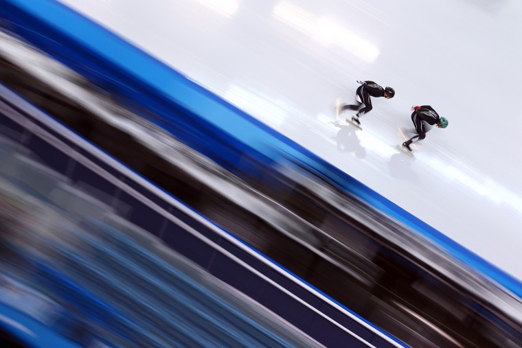 Short track speed skaters practice in Sochi