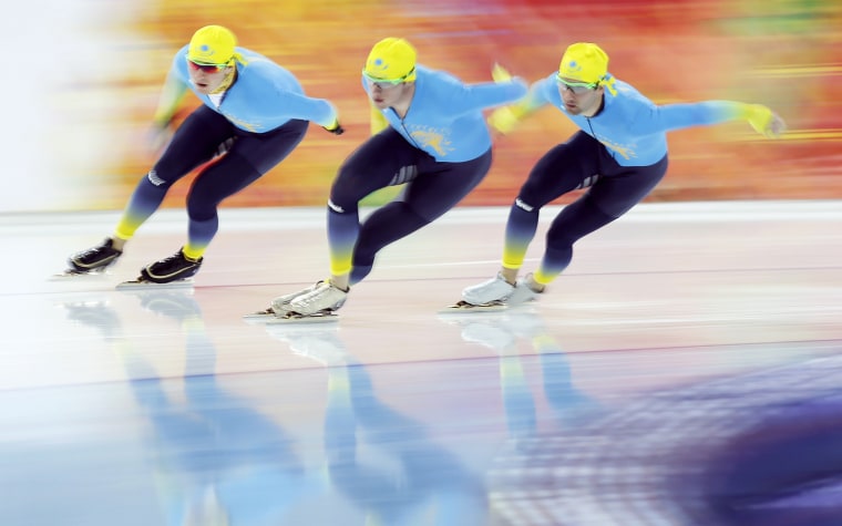 Speed skaters practice in Adler Arena