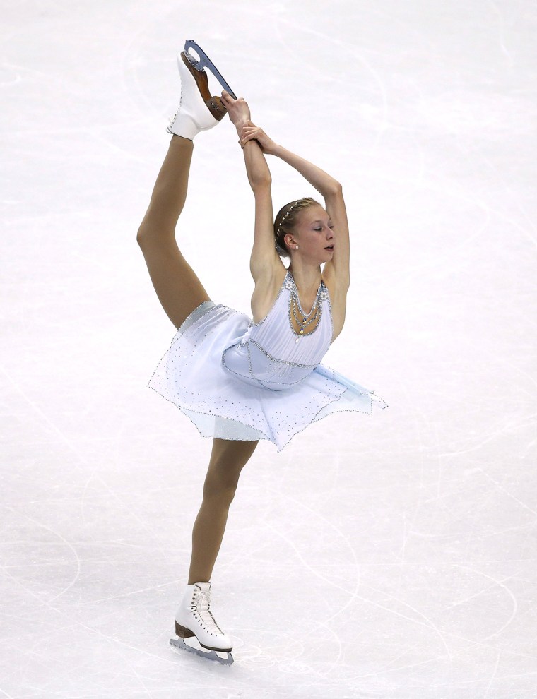Polina Edmunds competes during the women's free skate at the U.S. Figure Skating Championships in Boston, Saturday, Jan. 11, 2014. (AP Photo/Elise Ame...