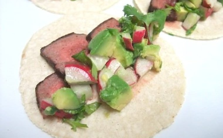 Bison tacos with avocado and radish