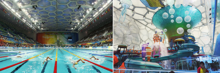 Beijing's Water Cube in action during the 2008 Games (left) and as it is now, re-imagined as a water park.