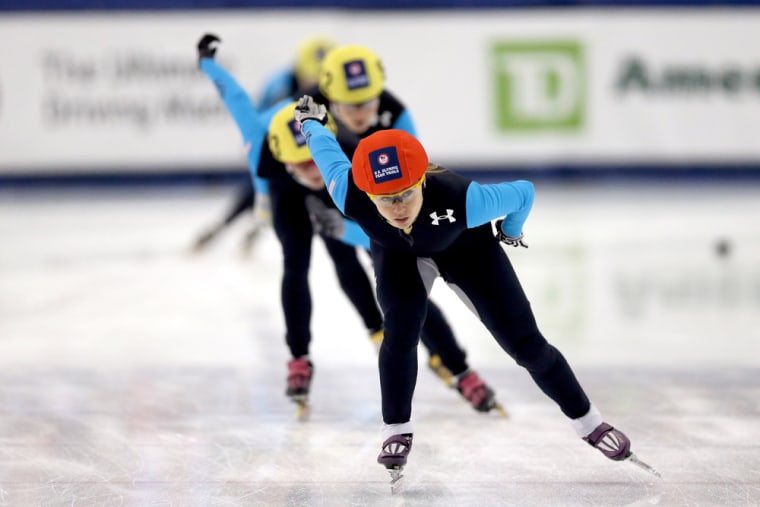Skaters compete in a 1,000 meter final during the Olympic short track trials at Salt Lake City's Olympic Oval on January 5.