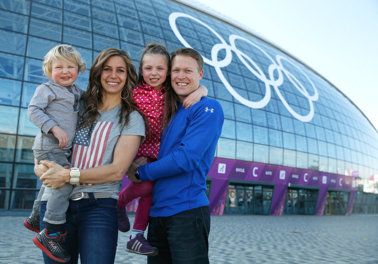 Janson Pace, Traycen Pace, Lacee Pace and Skeleton competitior Noelle Pikus-Pace of the United States pose together in the Olympic Park on February 3,...
