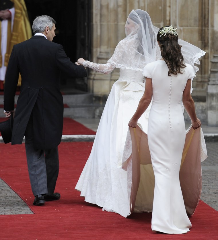 Kate Middleton arrives at Westminster Abbey with her father, Michael Middleton and her sister Pippa at the Royal Wedding with Britain's Prince William...