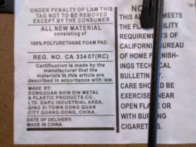 This is the label on the table and chair sets that Wal-Mart is recalling because of the risk for collapse and injury.