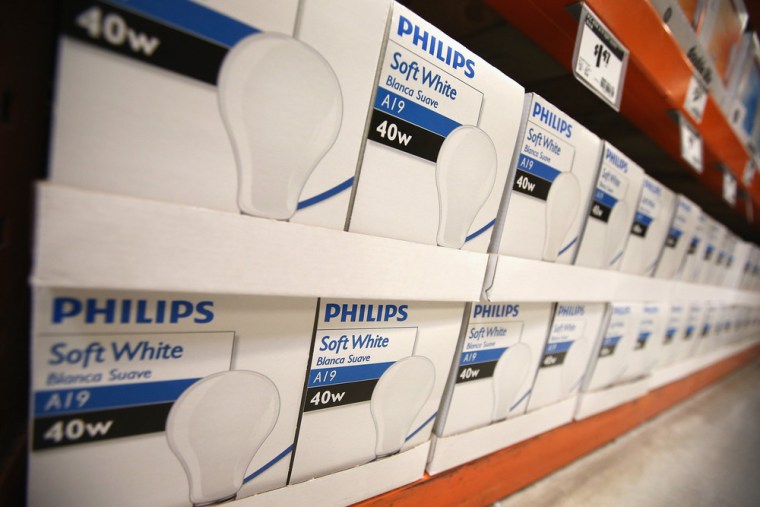 Incandescent light bulbs are offered for sale at a Home Depot store Dec. 27, 2013, in Chicago, Illinois. On Jan. 1, manufacturers stopped producing the popular 40- and 60-watt incandescent light bulbs in the U.S., prompting some consumers to buy them up at the end of last year.