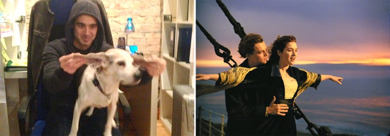 Chris Naka and Wrigley the dog recreate a famous scene from \"Titanic.\"