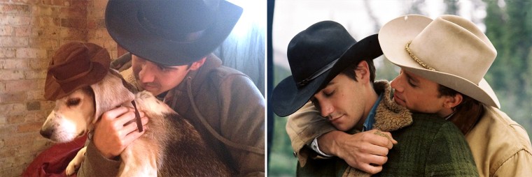 Chris Naka and Wrigley the dog recreate a scene from \"Brokeback Mountain.\"