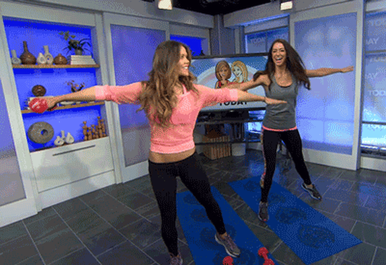 Katrina Hodgson and Karena Dawn show off some great moves to do during the commercial.