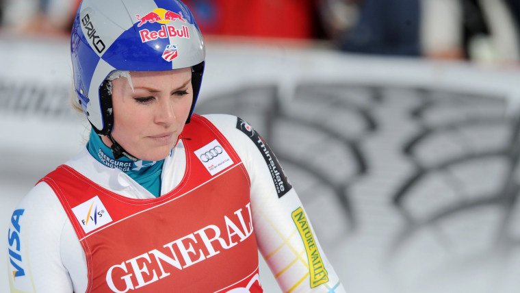 Lindsey Vonn, of the United States, is seen at the finish area after failing to complete a women's Alpine Ski World Cup downhill race, in Val d'Isere,...