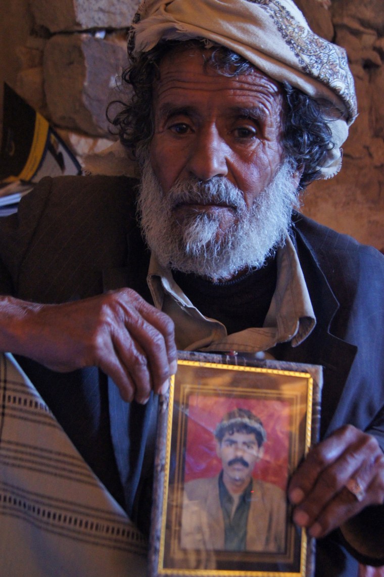 Yemeni shepherd Ahmed Mohammed Al Shafe'ee, 70, told a human rights activist that his 25-year-old son Aref, shown in photo, the father of seven children, was among those killed in the drone attack attack.