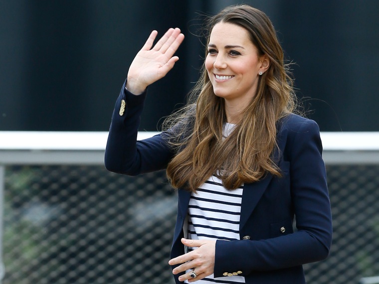 Britain's Kate, The Duchess of Cambridge waves as she leaves after a visit to a SportsAid Athlete Workshop, at the Queen Elizabeth Olympic Park in Lon...