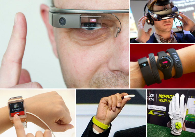Clockwise from top left: Google Glass, Sony Head Mounted Display, various fitness trackers, Zepp sensor, Sony Smartband and Core and Samsung Galaxy Ge...