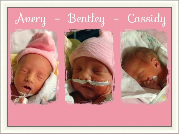 Avery. Bentley and Cassidy: One doctor says the chances of naturally occurring identical triplets are one in a million. \"A miracle,\" says their dad, who reversed his vasectomy to have another child.
