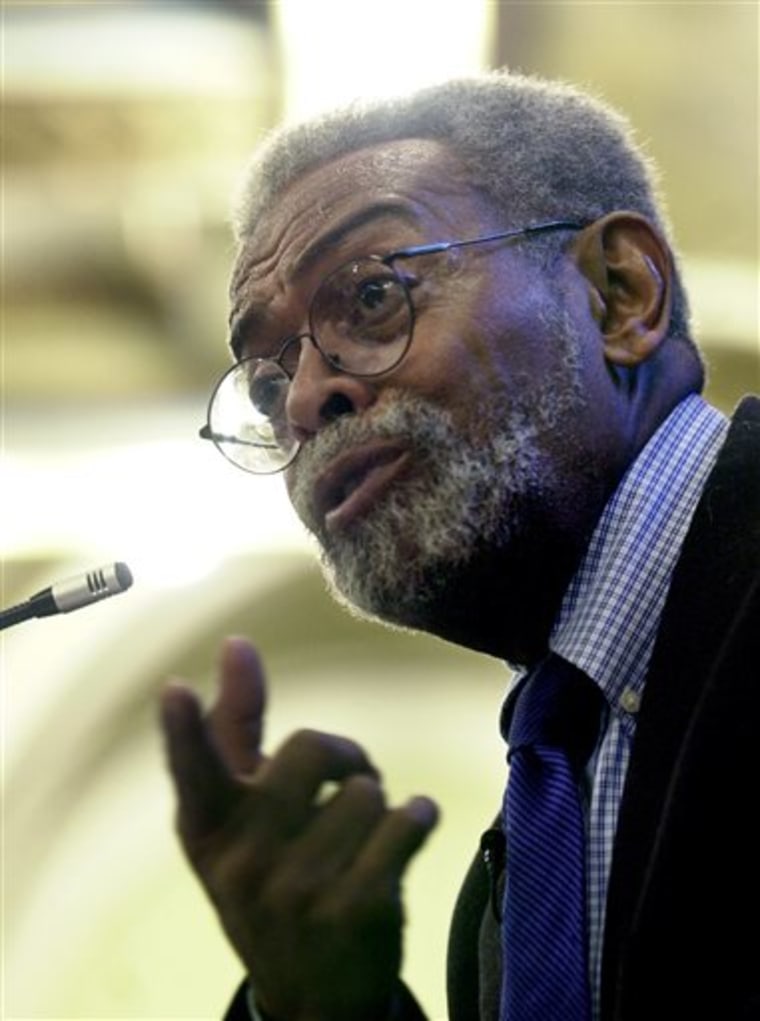FILE - This Oct. 2, 2002 file photo shows Amiri Baraka, New Jersey's poet laureate during a  ceremony at the Newark Public Library in Newark, N.J.  Ba...