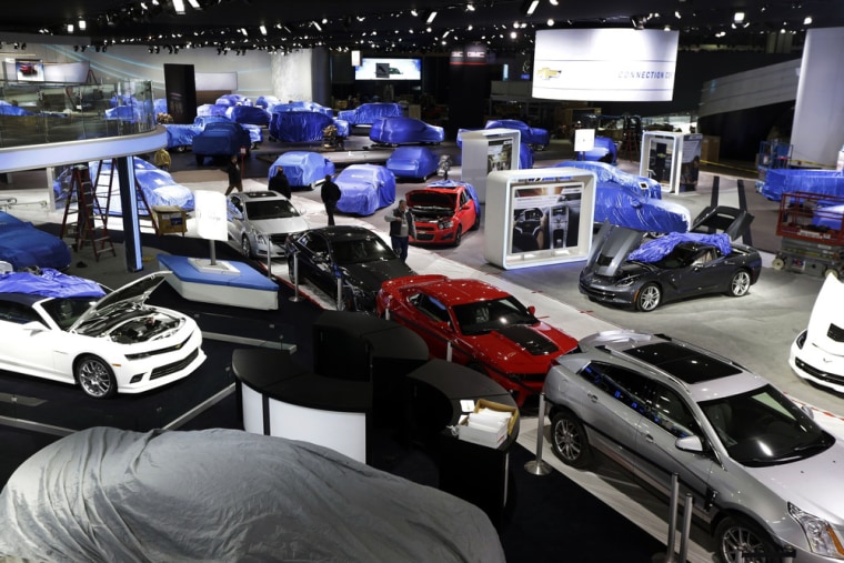 The General Motors display area is seen as preparations are under way for next week's North American International Auto Show in Detroit.