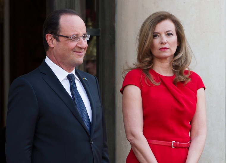 A file photograph shows French President Francois Hollande and his companion Valerie Trierweiler at the Elysee palace in Paris, France on May 7, 2013. The Elysee Palace confirmed media reports on Sunday that Trierweiler has been admitted to the hospital on Jan. 10.