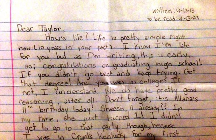 Taylor wrote the letter just six days after returning from a church-related mission trip.