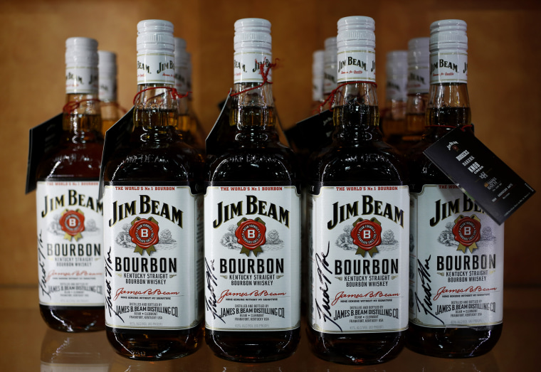 Bottles of Jim Beam bourbon whiskey are displayed for sale inside the American Stillhouse gift shop at the Beam Inc. distillery in Clermont, Kentucky,...