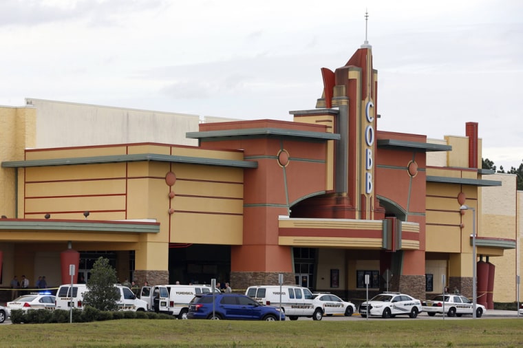 Law enforcement vehicles are parked outside the Cobb Grove 16 movie theater in Wesley Chapel, Fla., on Jan. 13, 2014. A man opened fire inside the Tampa Bay area movie theater on Monday, a sheriff official said.