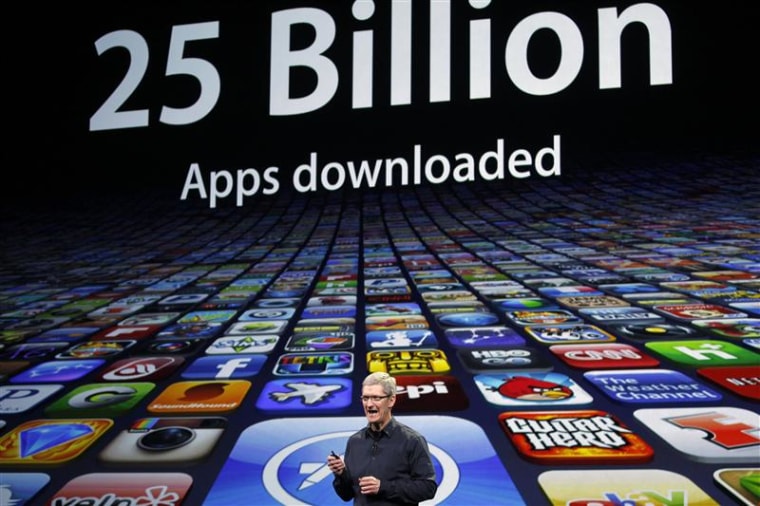 Apple CEO Tim Cook speaks about the number of Apps downloaded during an Apple event in San Francisco, California in this file photo from March 7, 2012...