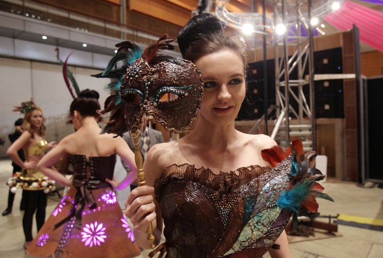 Models prepare backstage for the Chocolate Fashion Show in Seoul, South Korea.