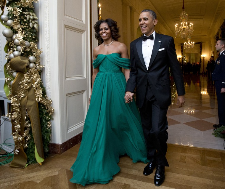 Host President Barack Obama and first lady Michelle Obama, arrive at the 2013 Kennedy Center Honors reception honoring the 2013 Kennedy Center Honors ...