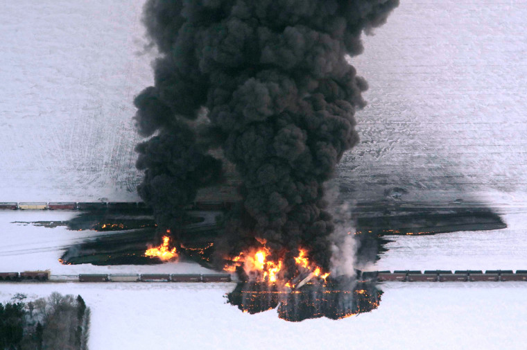 Smoke rises from an oil train derailment near Casselton, N.D., on Dec. 30