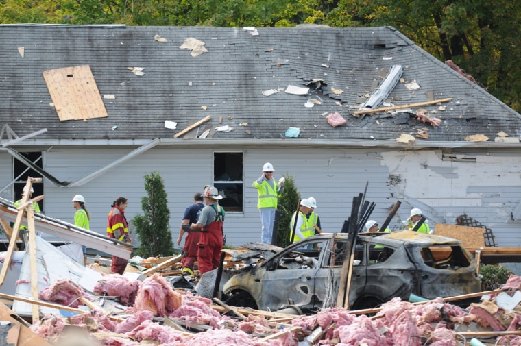 Crews are on the scene Friday morning Oct. 11, 2013 of a house explosion in the 2400 block of Eldersville Road in Follansbee, W. Va.