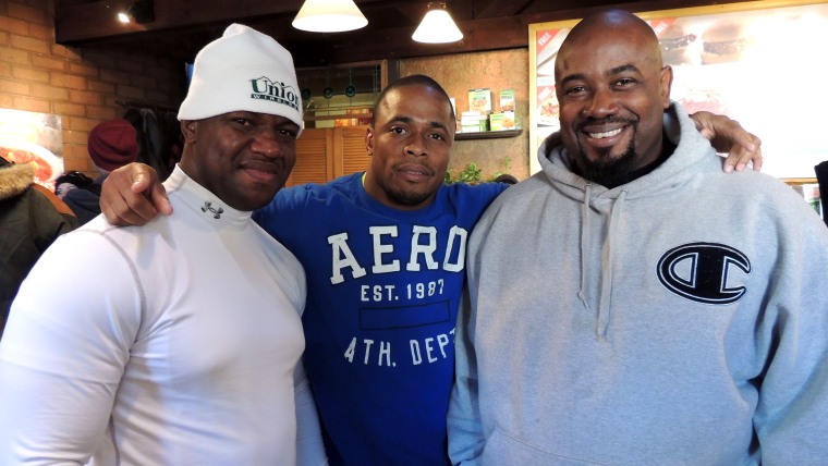 Jamaican bobsled team members Wayne Blackwood, Marvin Dixon and coach Wayne Thomas attended the Sundance Film Festival on Monday along with teammate Winston Watts to help spread the word about their fund-raising effort. (AP Photo/Nekesa Mumbi Moody)