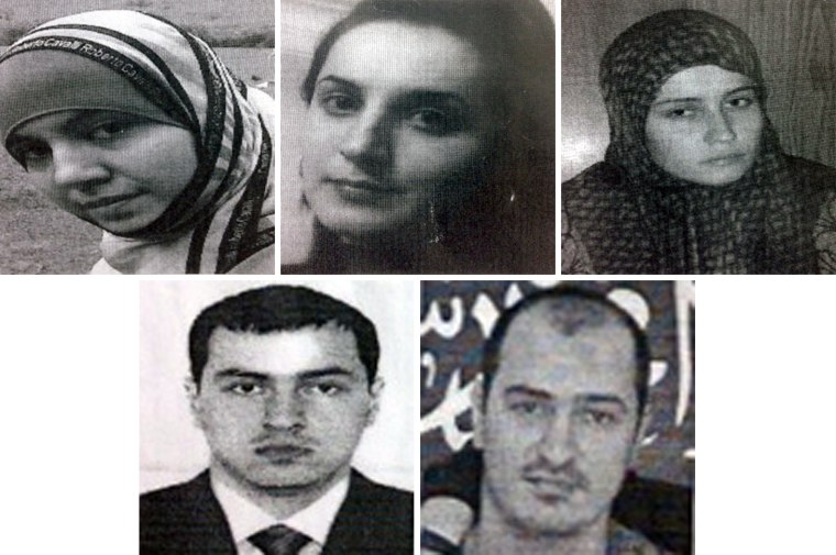 Images of suspects released by Russian authorities. Clockwise from top left: Oksana Aslanova, Dzannet Tsakhaeva, Zaira Allieva, Murad Musaev and Ruslan Saufutdinov.