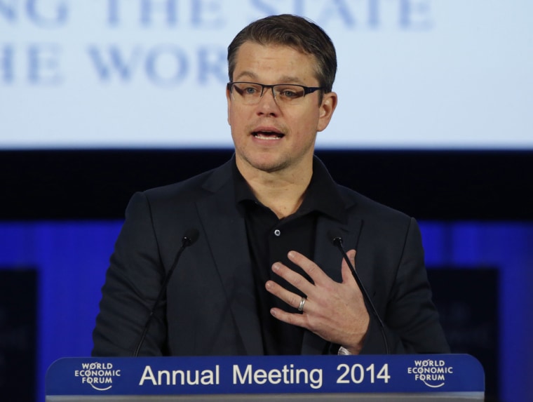 Matt Damon speaks during the Crystal award ceremony at the eve of the opening of the World Economic Forum in Davos, Switzerland.