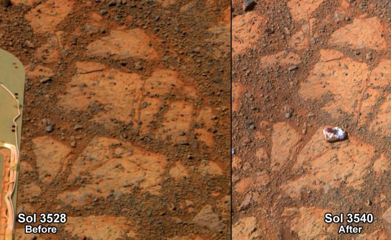 his before-and-after pair of images of the same patch of ground in front of NASA's Mars Rover Opportunity 13 days apart documents the arrival of a strange, bright rock at the scene. The rock, called