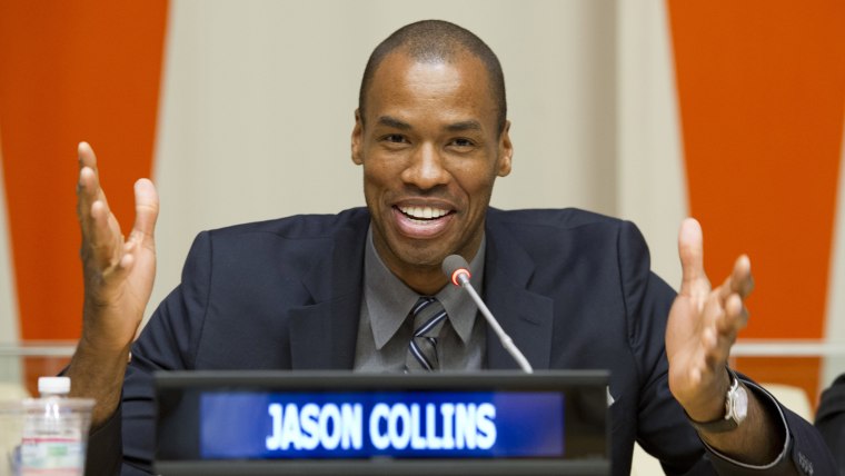In this photo provided by the United Nations, former NBA player Jason Collins addresses the media during a news conference at United Nations headquart...