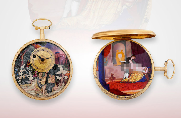 The Henry Capt, Musique D'amour, is an extremely rare 18-karat gold, enameled pocket watch that reveals an erotic automaton scene and was the highlight of the erotic collection. Made circa 1810. Editor's note: Part of an explicit scene on the right watch has been blurred.