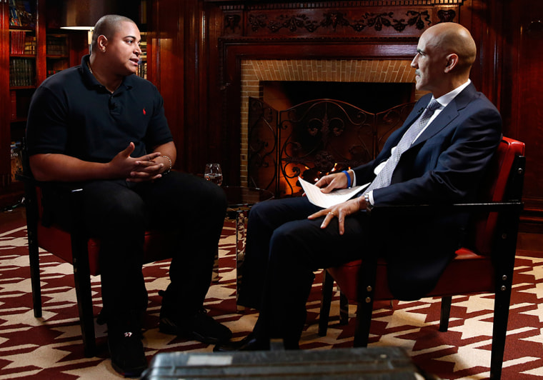 Jonathan Martin (l) is interviewed by Tony Dungy for NBC.