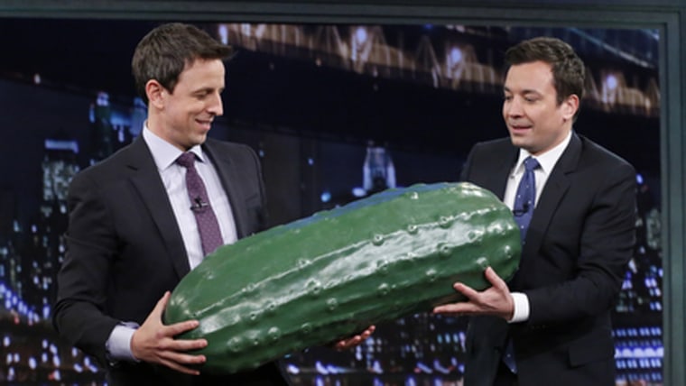 Jimmy Fallon inducted Seth Meyers into the "Late Night" tradition of fake brined cucumber ownership.