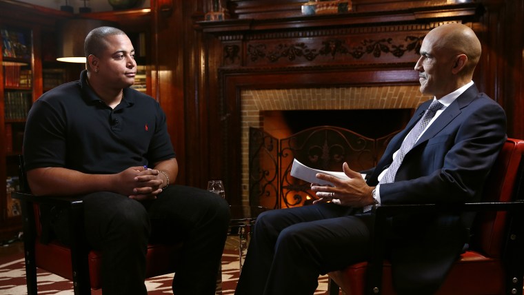 Tony Dungy (right) interviews Jonathan Martin.