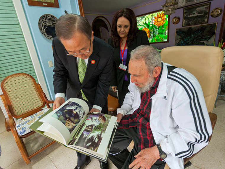 U.N. Secretary-General Ban Ki-Moon visits with former Cuban leader Fidel Castro in Havana on Tuesday.