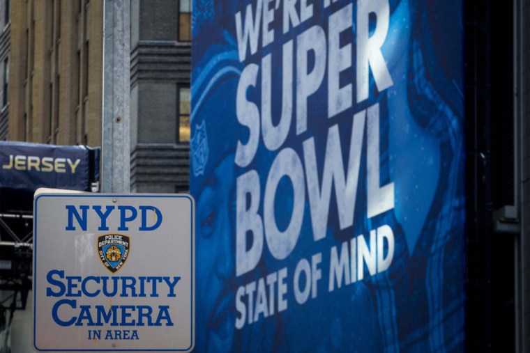An NYPD Security camera sign is posted along Superbowl Blvd. ahead of Super Bowl XLVIII in New York January 29, 2014.