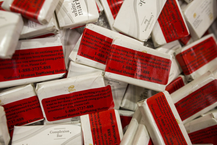 Bars of soap, with the phone number for the national human trafficking hotline on them, are being distributed to hotels and motels in New York and New Jersey.
