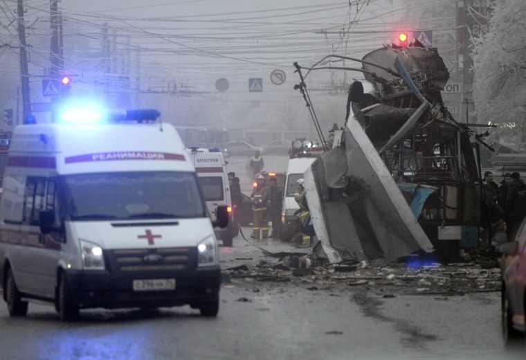 Members of the emergency services at the site of the second bomb blast in Volgograd in December.